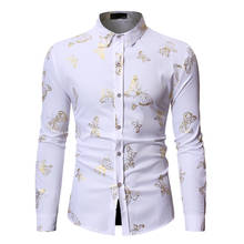 Camisa masculina estampada branca com borboleta, camisa masculina slim de manga comprida, camisa casual de negócios, 2021 2024 - compre barato