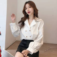 JuneLove spring Korean Double-breasted Blouse Women White Shirt Striped Female Vintage Blusas Mujer De Moda Office Lady Tops 2024 - buy cheap