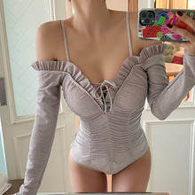 2021 New Hot  Popular Korean Version Of Sexy Solid Color Seaside Open Back Suspenders Long Sleeves V-Neck Frills Swimsuit Women 2024 - buy cheap