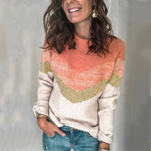 Suéter feminino manga comprida malha contraste cor outono, blusão feminino 2024 - compre barato