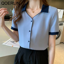 QOERLIN OL-Camisa de gasa de manga corta para mujer, camisa holgada de estilo Retro, con botones formales, talla grande, para oficina 2024 - compra barato