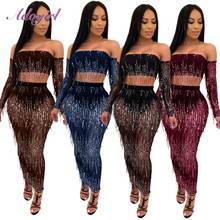 Women Sets Casual Slash Neck Full Sleeve Tops Skirt Suit Sexy Sequined Tassel Night Club Wear Mesh Two Piece Sets Outfits Dress 2024 - buy cheap
