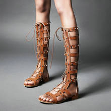 Sandália feminina gladiadora, sapatos baixos com zíper cruzado, couro pu, tamanhos grandes, novo, 2020 2024 - compre barato