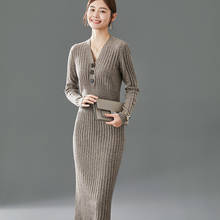 Vestido gola v de lã pura feminino, pulôver longo de caxemira reta para outono e inverno 100% 2024 - compre barato