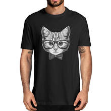 Unisex Fashion Cute Smart Cat Wearing Glasses Bow Tie Funny Cat Men's 100% Cotton T-Shirt Cat Lover Streetwear Women Soft Tee 2024 - buy cheap