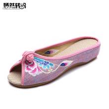 Vintage bordado feminino chinelos verão novo linho chinês lona antigo pequim flores sandálias sapatos macios tamanho 35-41 2024 - compre barato