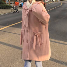 Женское милое шерстяное пальто для девушек, розовое длинное пальто с бантом и карманами, Зимняя Студенческая Повседневная Свободная мягкая куртка-трапеция, 2020 2024 - купить недорого