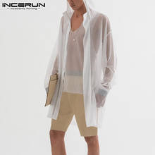 2021 Модные мужские плотный Тренч Цвет сетчатые прозрачные пикантные с капюшоном верхняя одежда с длинными рукавами в уличном стиле с открытой стежкой для мужчин пальто INCERUN 2024 - купить недорого