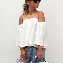 ShiMai Fashion Short Chiffon Blouse Off Shoulder Top Women Tops Summer 2021 Slash Neck Three Quarter Sleeve Solid Women Blouses 2024 - buy cheap