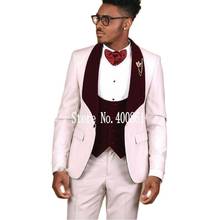 Handsome Ivory Paisley Men's Toast Suits Evening Dress Burgundy Velvet Collar Groom Tuxedos (Jacket+Pants+Vest+Tie) W:131 2024 - buy cheap