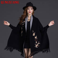 2020 Embroidered Plum Blossom Pattern Cloak Thick Lady Knitted Poncho With Tassel Warm Winter Women Air Conditioner Pashmina 2024 - buy cheap