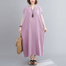 Solid Color Soft Cotton Linen Loose Summer Dress Short Sleeve V-neck Plus Size 5XL 6XL Women Travel Casual Dress Vintage Dress 2024 - buy cheap