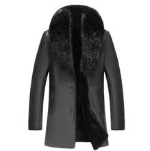 Черная мотоциклетная кожаная куртка для мужчин, бархатная утепленная мужская кожаная куртка и пальто, осенне-зимняя байкерская куртка с большим меховым воротником b406 2024 - купить недорого