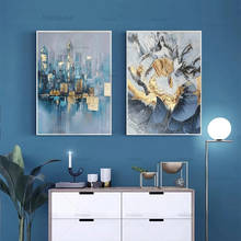 Pintura abstracta moderna de oro azul sobre lienzo, arte de pared, póster, decoración nórdica del hogar, imágenes de flores para Interior y oficina 2024 - compra barato