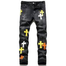 Original Design jeans men's pants New European and American Embroidered Cross Medal Small Straight Men's Micro-stretch trousers 2024 - buy cheap