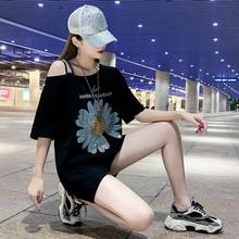 strapless Small Daisies Shining Diamond Loose Plus Size Black Casual Straight Short Sleeve Summer Women T Shirt Dress 2024 - buy cheap