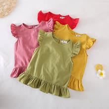 Camiseta de estilo coreano para niñas, Tops de verano para niños, blusa de algodón con manga voladora y volantes para bebés, Tops DT129 2020 2024 - compra barato