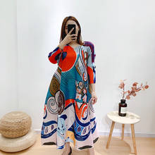 Miyake Pleated Cartoon Printed Dress Fall 2021 Winter Long Maxi Loose Dress Vintage Elegant Ladies Dresses 2024 - buy cheap