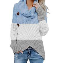 Women Long Sleeve Chunky Sweater Turtle Cowl Neck Button Pullover Top Color Block Striped Asymmetric Hem Wrap Jumper 2024 - buy cheap