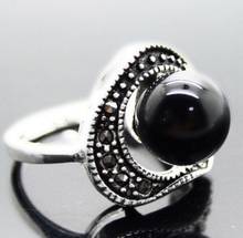 Free Shipping wholesale Natural 6mm Black Natural jade Beads 925 Sterling Silver Marcasite Ring Size 7/8/9/10 2024 - buy cheap