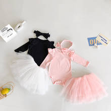 Conjunto de roupas de bebê menina, 3 peças, macacão manga longa com babados + saia de malha + faixa para cabeça, festa de casamento, princesa, roupas de 0-2 anos 2024 - compre barato