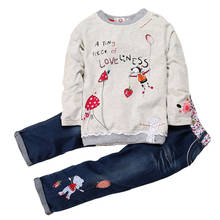 Модные весенне-осенние комплекты одежды для девочек хлопковая футболка с длинными рукавами для маленьких девочек + джинсы детские костюмы из 2 предметов с принтом букв 2024 - купить недорого