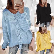 Autumn Winter Women Sweater Solid Color V Neck Bandage Long Sleeve Sweater Jumper Top Spandex Loose Women's Sweater Jersey Mujer 2024 - buy cheap