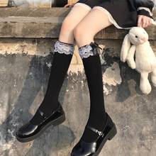 Women Girls Sweet Lolita Black White Knee High Socks Bowknot Ruffled Frilly Lace Trim Japanese Student Cotton Stockings 2024 - buy cheap