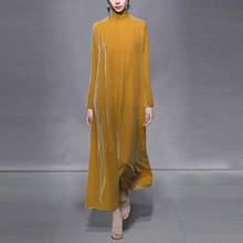 Зимнее длинное бархатное платье для женщин с высоким воротником и длинным рукавом, повседневное свободное платье макси, винтажное желтое флисовое платье Vestido 2024 - купить недорого