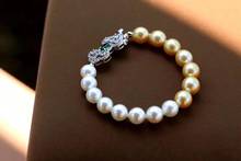Pulseira de pérola d717, joias finas redondas 8-10mm, natureza, água doce, branca e dourada, pulseiras para mulheres 2024 - compre barato