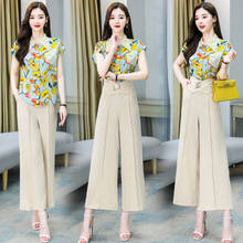 2021 Summer Fashion Women Two Piece Set Short Sleeve Floral Shirt Blouse Tops+Long Wide Leg Pants Trousers Office Lady Suits 2024 - buy cheap