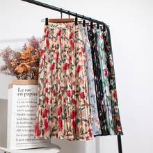 Spring Summer High Waist Print Skirts Womens Vintage Slim Beach Chiffon Pleated Skirt Women Flower Long Skirt Femme 2024 - buy cheap