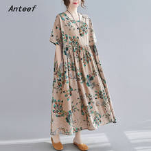 Vestido floral vintage de algodão de manga curta, roupa casual feminina solta longa para verão, vestido elegante para sol 2021 2024 - compre barato