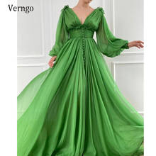 Verngo-vestido de baile de seda 2021 verde brilhante, tule, manga longa, cortina de botões, cintura rugada, elegante, vestido de noite 2024 - compre barato
