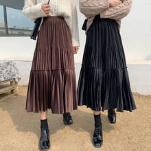 Feminino vintage longo veludo plissado saia feminina para a primavera verão moda coreana senhoras de cintura alta preto verde maxi saia femme 2024 - compre barato