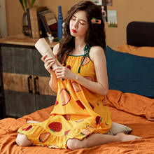 Camisola de algodão para as mulheres verão fino coreano sem mangas amarelo morango kawaii sleepwear sexy espaguete cinta vestido de verão 2024 - compre barato