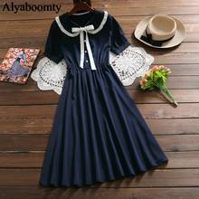 2021 Summer Preppy Style Women Midi Dress Peter Pan Collar Apricot Navy Blue Bow Dress Short Sleeve Elegant Sweet Long Dresses 2024 - buy cheap