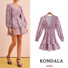 KONDALA Za Fashion Women Dress Vintage Floral Print V Neck Mini Dress Long Sleeve Ruffles A-Line Mujer Vestidos 2024 - buy cheap