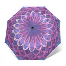 Guarda-chuva automático chuva feminino três-dobrável guarda-chuva roxo flor mandala à prova de vento feminino guarda-sol à prova dparasol água 2024 - compre barato