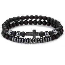 2pcs/set Natural Stone 6mm Bead Strand Bracelets Bangles for Men Zircon Cross Charm Matte Black Jewelry Gifts 2024 - buy cheap