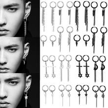 Pendientes de aro pequeños Unisex para hombre y mujer, aretes con borla de cadena de acero inoxidable, Color negro y plateado, estilo coreano Punk Kpop, kolczyki 2024 - compra barato