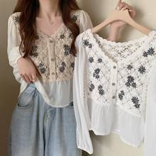Vintage Flower Embroidery Elegant White Shirts Puff Long Sleeve Crochet Lace Shirt Blusas Mujer De Moda Korean Clothes Women Top 2024 - buy cheap