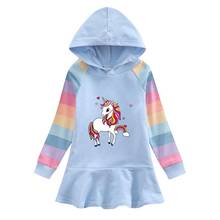 Vestido de manga larga con capucha para niña, ropa de dibujos animados de unicornio, primavera y otoño, a rayas de arcoíris, para 2 a 8 años 2024 - compra barato