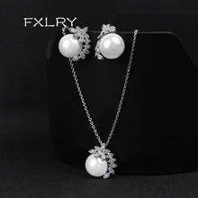 FXLRY New Romantic White Color CZ Leaf Cubic Zircon Pearl Pendant Necklaces And Earring Jewelry Set Jewelry 2024 - buy cheap