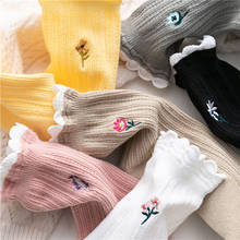 Conjunto de meias femininas, meias estilo harajuku, com babado, floral, bordado, cor de doce, de algodão, estilo coreia 2024 - compre barato