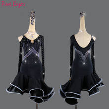 Customized Latin dance suit professional mesh long-sleeved competition performance dress women V-neck black fishbone skirt 2024 - buy cheap