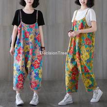 2022 women floral print jeans pants straps washed romper pockets overalls loose sleeveless denim jumpsuit pantalon palazzo 2024 - buy cheap