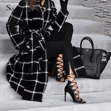 2019 outono inverno casaco feminino casual xadrez lã mistura casaco grande x-longo com cinto casaco de lã caxemira roupa de exterior 2024 - compre barato