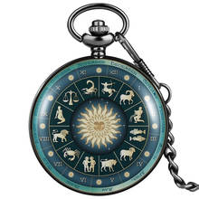 Delicate Pocket Watch Claasic Quartz Dial Chic 12 Constellations Astrology Pattern Green Cover Durable Chain Pendant Clock Gift 2024 - buy cheap