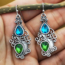 2 unids/set mujer pendientes encanto de la gota de agua tallado azul verde de cristal de Color de plata pendiente estilo nacional joyería de las mujeres 2024 - compra barato